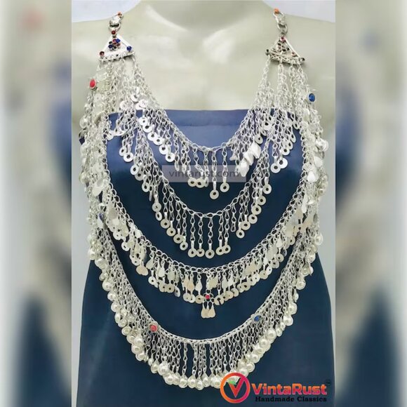 Exotic Kuchi Necklace, Multi Layered Antique Necklace, Unique Silver Necklace - Picture 1 of 9